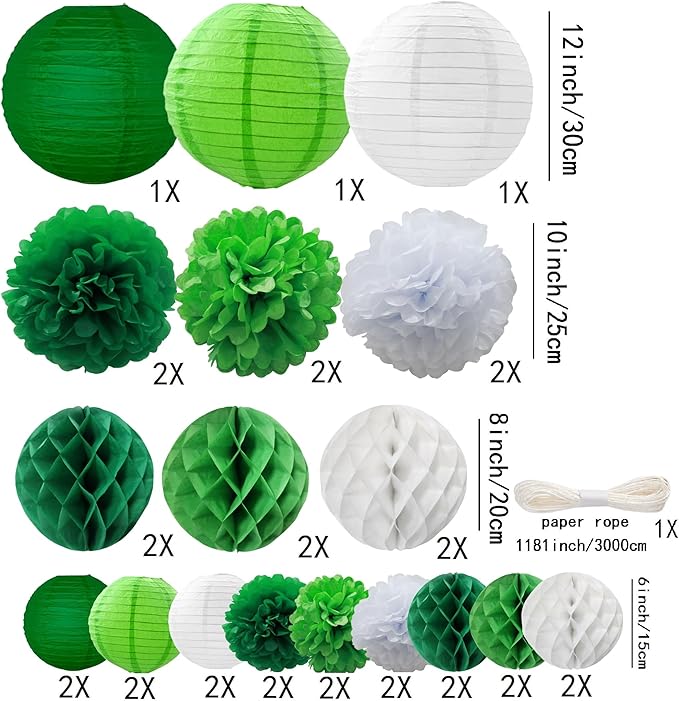 WOLHOWLTD 33 Pcs Green White Paper Lanterns, Pompoms, Honeycomb Decorations for St. Patrick's,Safari,Jungle,Dinosaur Theme Birthday Home Party Decoration(Green White)