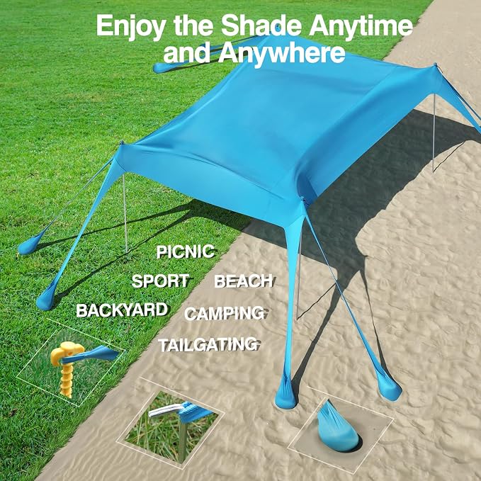 Rhino Valley Beach Tent, 10 x 13 FT Beach Shade UPF50+ Protection, Beach Canopy with 8 Sandbags 4 Stability Poles,Outdoor Beach Tent Sun Shelter Umbrella for Sand,Camping,Fishing Essentials, Sky Blue