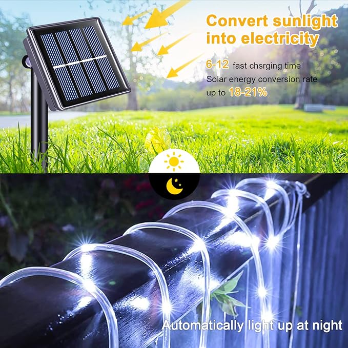 JMEXSUSS 200 LED Solar Rope Lights for Pool, 72ft 8 Modes Solar Rope Lights Outdoor Waterproof LED Solar Powered Rope Tube Fairy Lights for Fence,Gazebo,Yard,Walkway,Path,Garden Decor(White) | Solar Pool Lights Outdoor Waterproof, Solar Powered Christm...