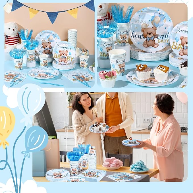 350pcs Bear Baby Shower Decorations for 50 Guests Party Supplies for Boy Include Paper Plate, Napkin, Cup and Disposable Plastic Tableware