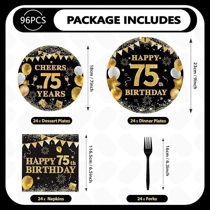 Grencian 96PCS 75th Birthday Party Decorations 75th Birthday Plates and Napkins Disposable Paper Tableware Set for Men Women Cheers to 75 Years Old Party Supplies, Serves 24