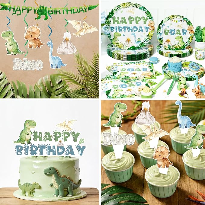 Hombae Dinosaur Birthday Decorations, Dinosaur Birthday Party Supplies with Tableware, Plates, Napkins, Hanging Swirls for Boys Dino Theme Party, Serves 24