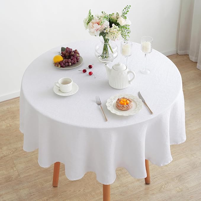 Linen World Linen Tablecloth,100% French Linen Round Tablecloth 90" Inch,Washable White Tablecloth for Dining,Outdoor,Weddings and Restaurants,Decorative Thanksgiving Christmas