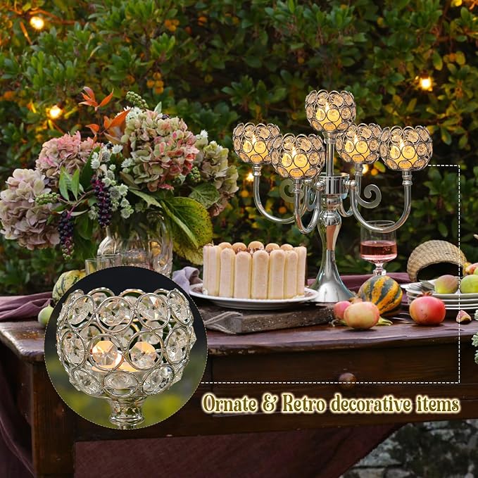 5 Arm Metal Crystal Candelabra Centerpiece - 13.4 Inch Elegant Candle Holder with Crystal Beads for Wedding Party Christmas Home Dining Table Decoration (2, Silver)