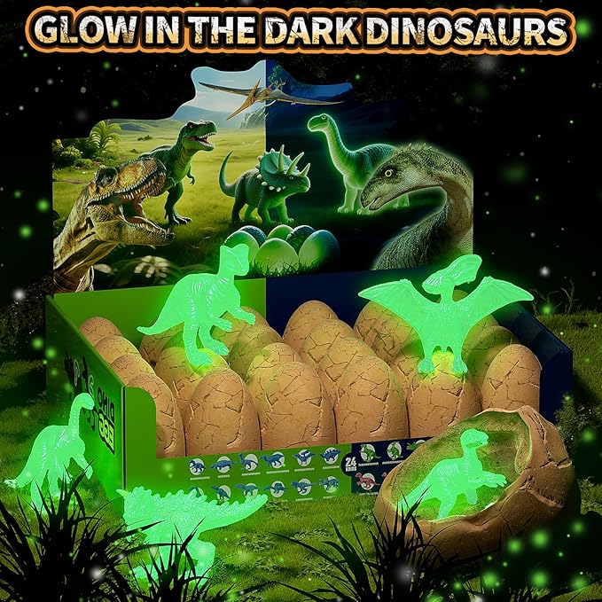 24 Glow in The Dark Dinosaur Eggs, Dig Kit Toys for Kids, Dinosaur Eggs Excavation Kit with Magnifier, Easter Basket Stuffers, STEM Party Favor Gifts for Boys Girls Age 3 4 5 6 7 8 9 10 + Years Old