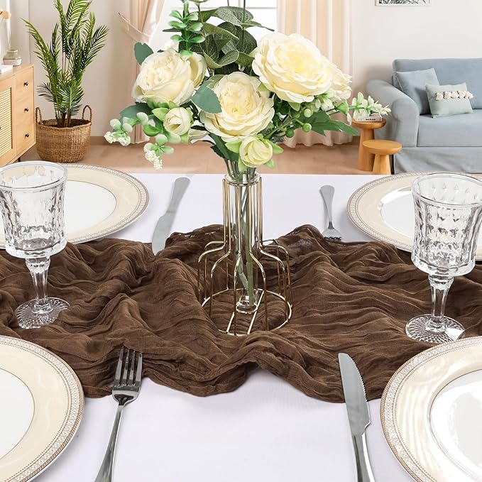 12 Pack 10FT Brown Cheesecloth Table Runner 120 Inch Long Gauze Rustic Boho Spring Cheese Cloth Table Runner Sheer Fabric Decorations for Holiday Party Wedding Banquet Bridal Baby Shower Décor