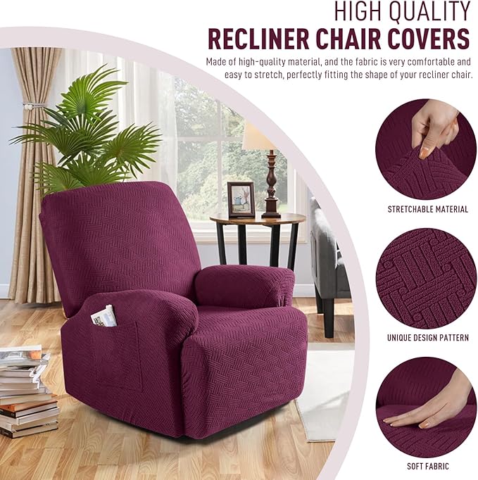 KinCam Recliner Covers, Stretch Reclining Chair Covers, Recliner Sofa Slipcovers Stripe Jacquard Recliner Couch Covers Furniture Protector Covers (1 XL Seater, Burgundy)