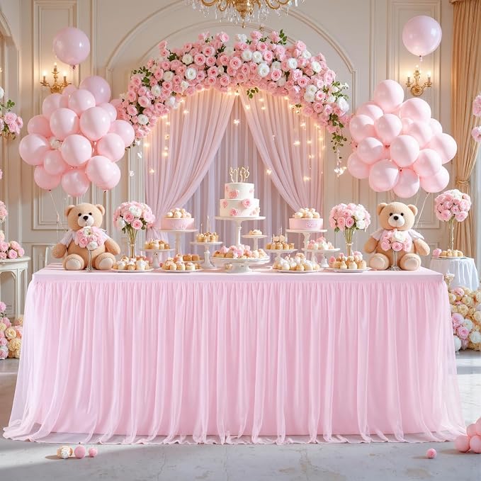 Suppromo 2 Pack 6ft Pink Tablecloths for Rectangle Tables 72 x 30 Inch Pink Rectangular Table Cloth, Wrinkle Free Table Cover with Tutu Skirt for Baby Shower Birthday Party Banquet Buffet Cake