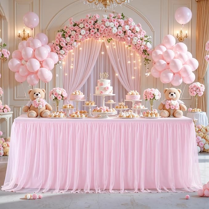 Suppromo Pink Tulle Tablecloth for 4 Foot Rectangular Tables 48 x 24 Inch White Rectangle Table Cloth 4ft Wrinkle Free Table Cover with Tutu Skirt for Wedding Birthday Party Banquet Tablecover