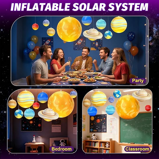 Inflatable Solar System Planets with LED Lights, 9 Hanging Planets with Remote Control, Space Themed Classroom Decor, Kids Room Decoration, Astronomy Science Display, Birthday Party Supplies
