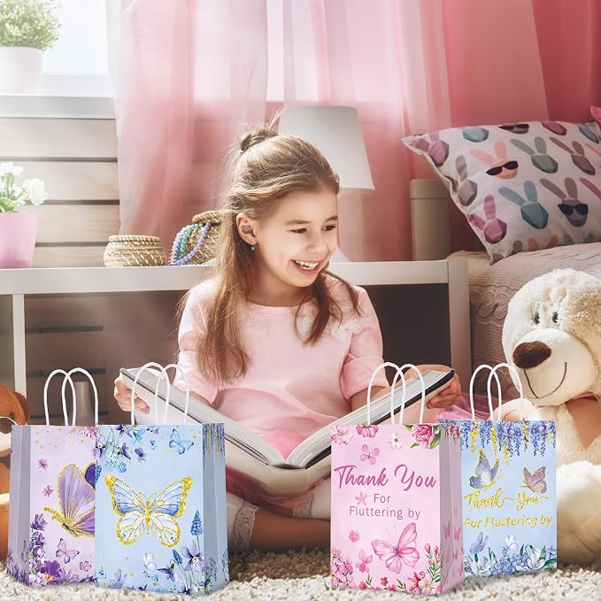 Outus 24 Pcs Summer Butterfly Party Favors Bags Butterfly Goodie Gift Paper Bags with Handles Purple Blue Pink Thank You Candy Treat Pouch for Wedding Baby Shower Birthday Party Decoration Supplies