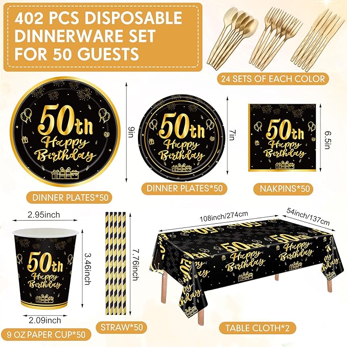 Funnymoom 452 Pcs 50th Birthday Party Decorations Set for Men Women, Black and Gold Happy 50th Birthday Paper Plates Napkins Cups Tablecloth Cutlery Straws for Cheers to 50 Years Anniversary Party