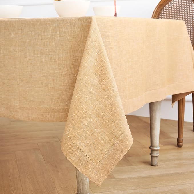 Solino Home Linen Tablecloth 60 x 90 Inch - 100% Pure Linen Golden Nugget Table Cloth for Rectangle Tables - Athena, Machine Washable Tablecloth for Summer