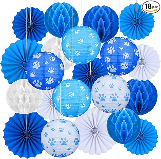 Retisee 18 Pcs Dog Paw Party Decoration Paw Print Hanging Paper Lantern Classroom Honeycomb Fans Honeycomb Ball for Dog Theme Party Ceiling Decor Supplies