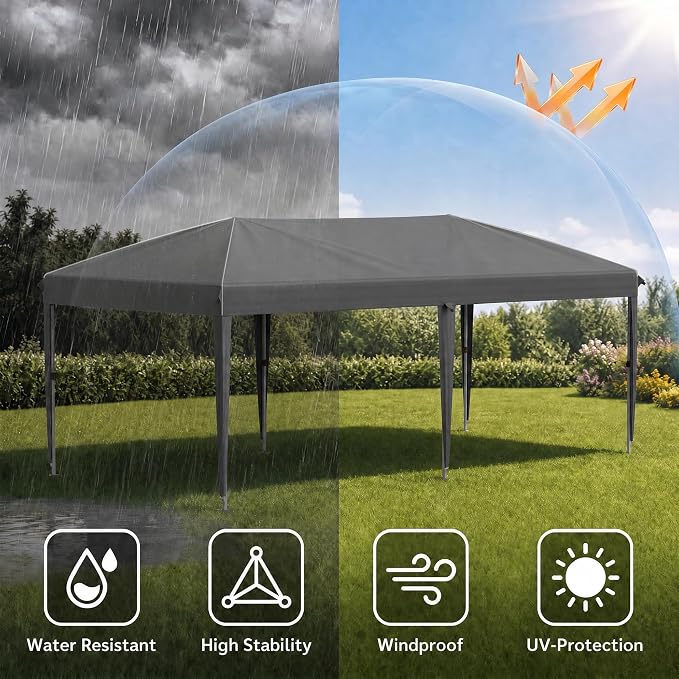 10x20 FT Portable Pop Up Canopy Tent with Sandbags, Adjustable Height Instant Gazebo, Outdoor Canopy for Camping, Parties, Vendor Events (Grey with Reflective Strip, 3m × 6m Without sidewalls)