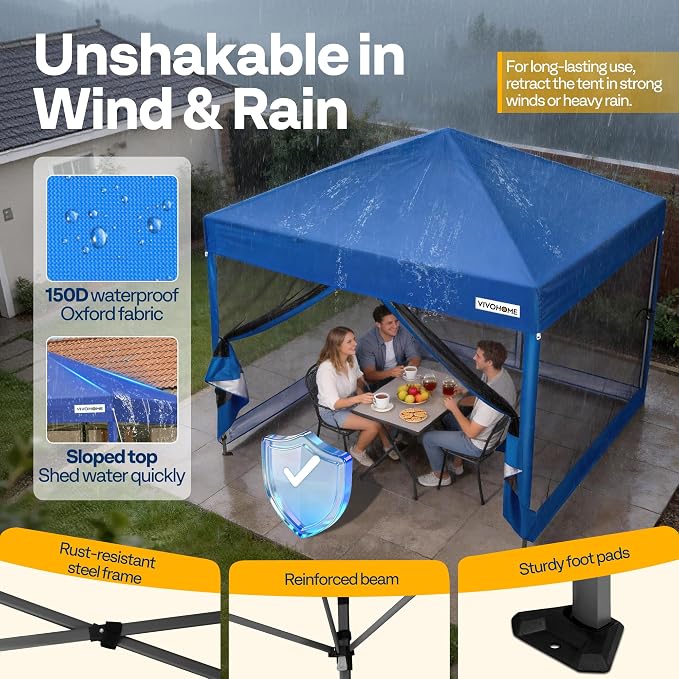 VIVOHOME 10x10ft Easy Pop-Up Canopy, Outdoor Screen Tent with Mosquito Netting, 2 Zipper Doors, and Roller Bag for Yard Camping Picnic Party Events, Blue