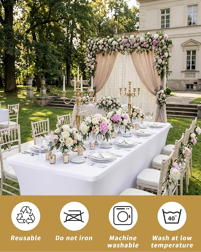 Fixwal White Tablecloths for 8 Foot Rectangle Tables, 4 Pack Spandex Stretch Fitted Table Covers for Party, Trade Show, Banquet, Wedding, Buffet