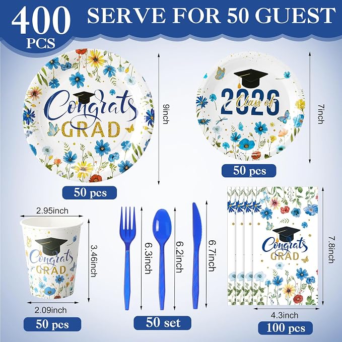 400 Pcs Class of 2026 Blue Floral Graduation Decoration for 50, Royal Navy Blue Gold Graduation Paper Plates Napkin Cup Cutlery Wildflower Grad Tableware for 2026 Congrats Grad Party Supply