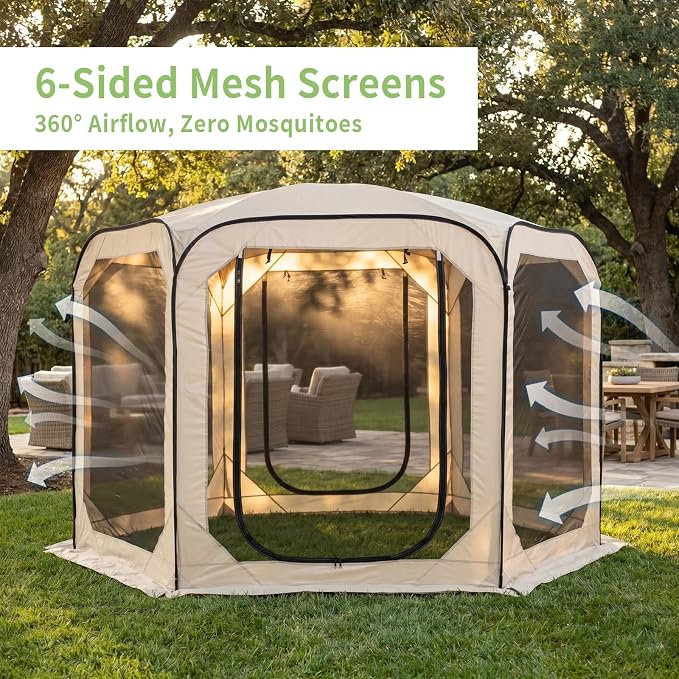 Pop-Up Screen House Tent with Mosquito Netting 10x10 FT for 4–6, Portable Screen Room Canopy for Patio, Backyard, Camping, Deck & Outdoor Activities, Resistant Roof UV Gazebo with Carry Bag