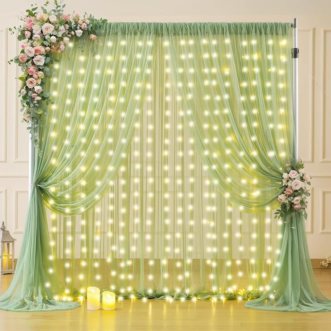 6 Panels Sage Green Sheer Tulle Backdrop Curtains with Lights for Party Wedding Wrinkle Free Curtain Backdrops Drapes for Baby Shower Birthday Photo Back Drop Background Home Decorations 30ft x 8ft