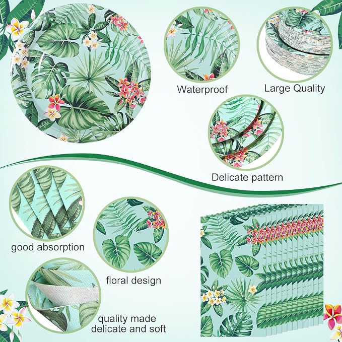 Pickmesh 250 Pcs Hawaiian Paper Napkins Plates Cups Set Tropical Nights Luau Party Supplies Hawaii Aloha Disposable Tableware for Summer Birthday Pool Beach Dinner, Serve for 50 Guests(Monstera)