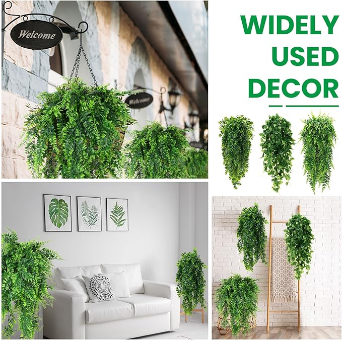 XunYee 28 Pcs Artificial Hanging Plants 32 Inch Plastic Fern Vine Fake Greenery Plant Faux Eucalyptus Vine for Wall Room Wedding Indoor Outdoor Decor, No Baskets(Boston Fern,Greenery, Eucalyptus)