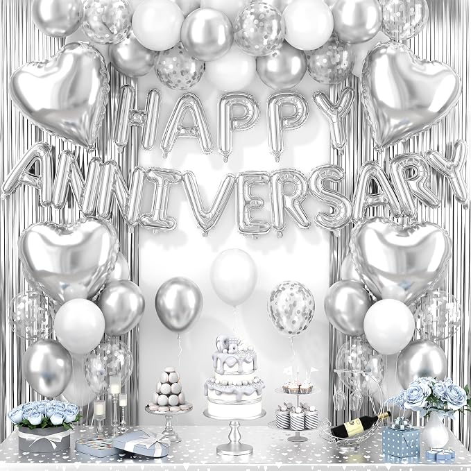 Anniversary Decorations Silver,Happy Anniversary Balloon Banner with Heart Foil Balloons Fringe Curtain for Wedding Party Valentine's Day Romantic