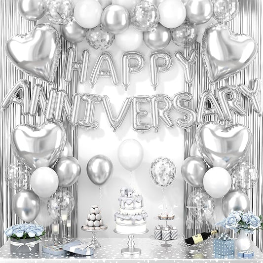 Anniversary Decorations Silver,Happy Anniversary Balloon Banner with Heart Foil Balloons Fringe Curtain for Wedding Party Valentine's Day Romantic