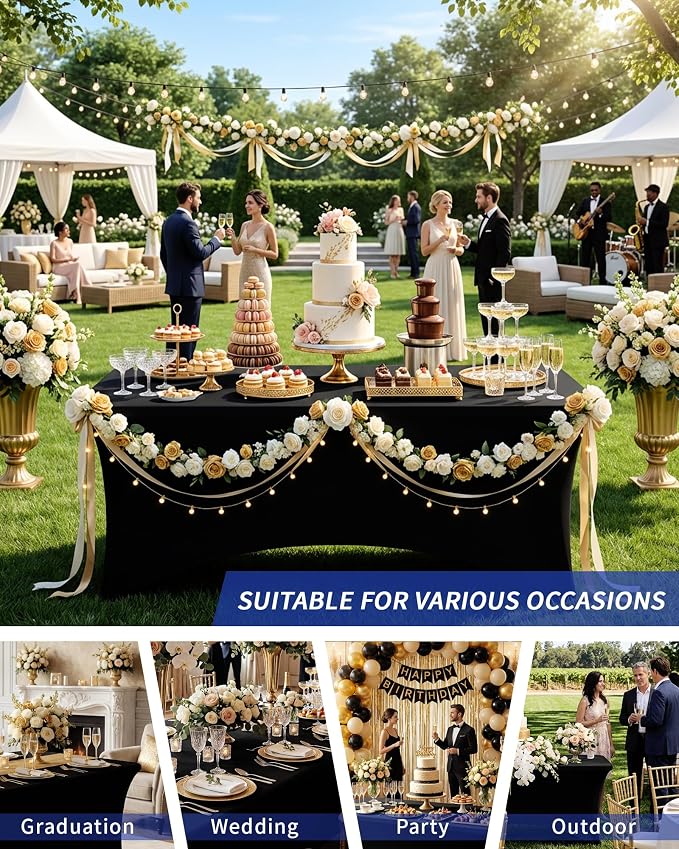 Fixwal Black Tablecloths for 8 Foot Rectangle Tables, 8 Pack Spandex Stretch Fitted Table Covers for Party, Trade Show, Banquet, Wedding, Buffet
