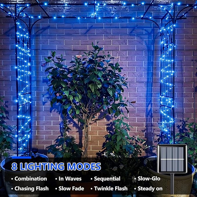 YEGUO 4 Pack Blue Solar Fairy Lights, Each 33ft 100 LED Christmas Lights Outdoor Waterproof, 8 Modes Sliver Wire Solar String Lights