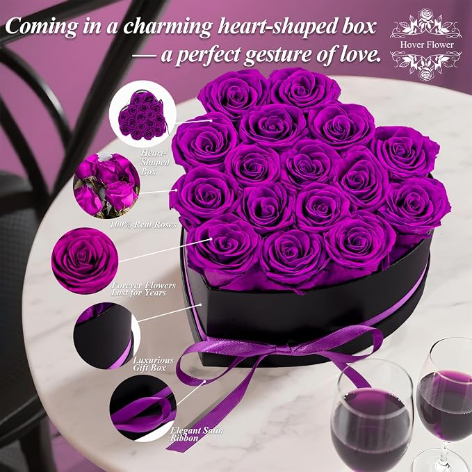 16 Forever Preserved Flowers in a Box, Vanlentines Day Gifts for Her, Eternal Roses Flowers for Delivery Prime, Birthday Gifts for Women Mom Grandma Wife (Purple)