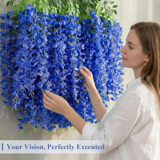 U'Artlines 24 Pack (Total 86.4 Feet) Artificial Fake Wisteria Vine Rattan Hanging Garland Silk Flowers String Home Party Wedding Decor (24, Navy Blue)
