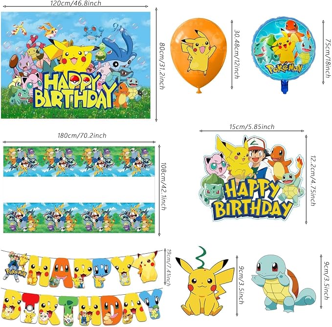 48PCS anime Birthday Party Supplies: 1*"Happy Birthday" Banner, 6Hanging Swirls, 1Tablecloth, 1Backdrop, 1Cake Topper, 24 Cupcake Toppers, 12Latex Balloons, 2Aluminum Balloons