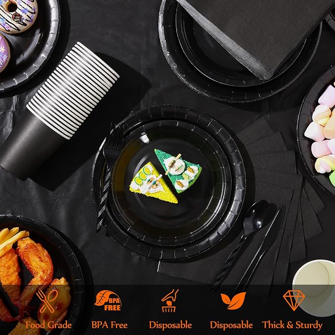 422 Pcs Black Disposable Party Supplies Serves 60 Guests Paper 7'' 9'' Plates Cups Napkins Plastic Tableware Spoons Forks Knives 2 Pcs Table Cover for Birthday Wedding Decorations(Black)
