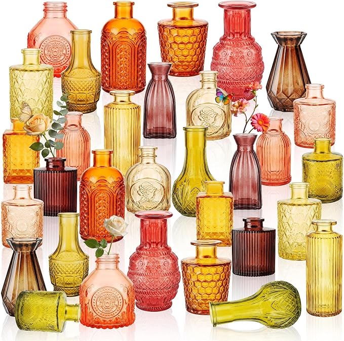 32 PCS Assorted Vintage Bud Vases, Colorful Glass Small Vases Bulk, for Centerpieces, Wedding Table Decor, Home Decorations & Gifts (Amber Series)