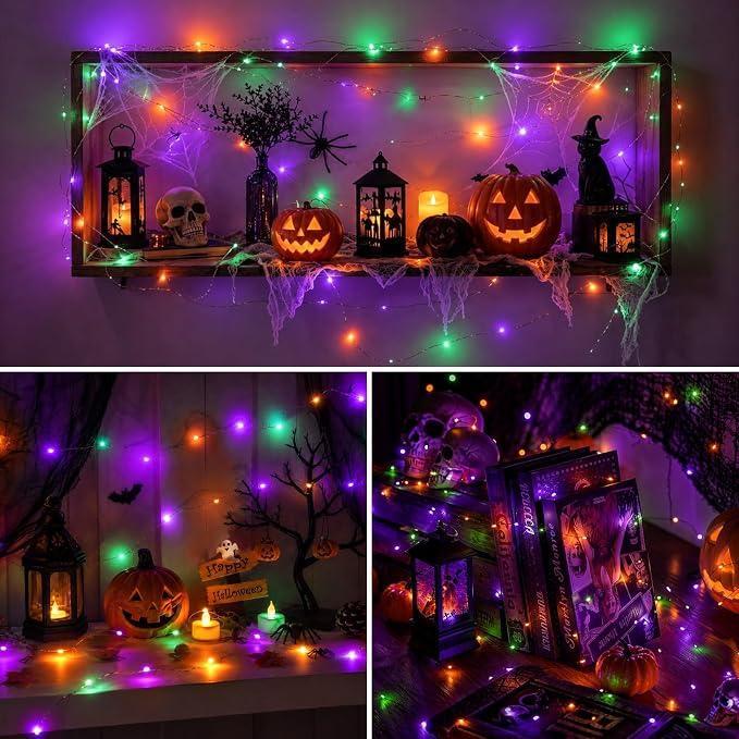 QITONG Purple Orange & Green Fairy Lights Battery Operated, 4 Pack Each 16ft 50 LED Halloween Lights Outdoor Waterproof, Silver Wire Christmas Twinkle Mini String Lights Indoor
