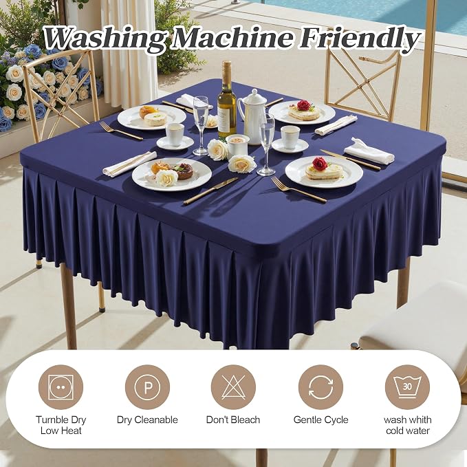 Wish Care Navy Blue Spandex Tablecloths for 48x48 Inch Square Tables, Stretch Fitted Table Clothes with Pleated Ruffle Skirt for 48” Table, Wrinkle Free and Elastic, for Party Kitchen Home Dining
