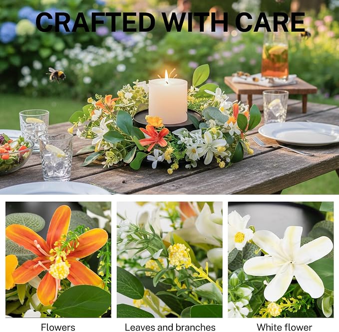 MOYEE Summer Centerpieces for Tables Candle Ring, Black Metal Candlestick with an Artificial Wreaths 14 in Versatile Dining Table Centerpiece Decor (an Orange and White Wreath)