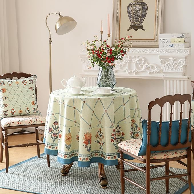 ISAENNE Designer Vintage Round Linen Tablecloth,Diameter 55"-Floralsea B | French Elegant Beautiful Durable Printed Table Cloth,Floral Pattern,Decoration,Heavyweight,Dining,Kitchen,Thanksgiving