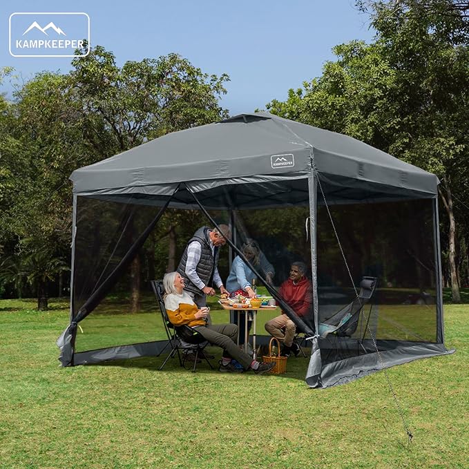 KAMPKEEPER 10x10 Pop-Up Canopy Tent, Waterproof Portable Shade with Screen Walls, Adjustable Instant Outdoor Shelter for Camping, Backyard, and Events, Dark Grey