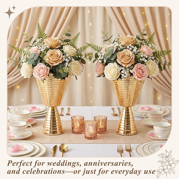 Gold Vases for Centerpieces 2 Pcs: 9in Tall Vases Centrepieces for Tables Decorations, Gold Flower Vases for Wedding, Home, Party & Anniversary
