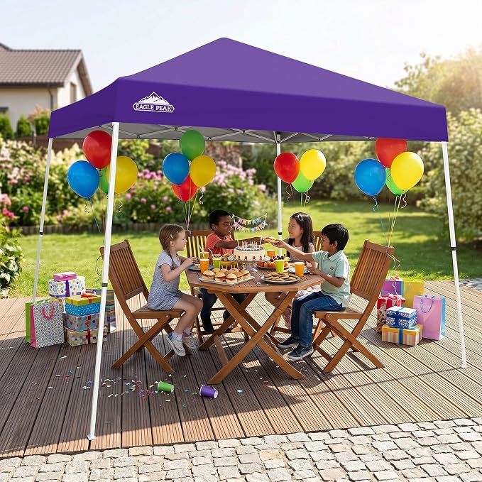 EAGLE PEAK 10x10 Slant Leg Pop-up Canopy Tent Easy One Person Setup Instant Outdoor Beach Canopy Folding Portable Sports Shelter 10x10 Base 8x8 Top (Purple)