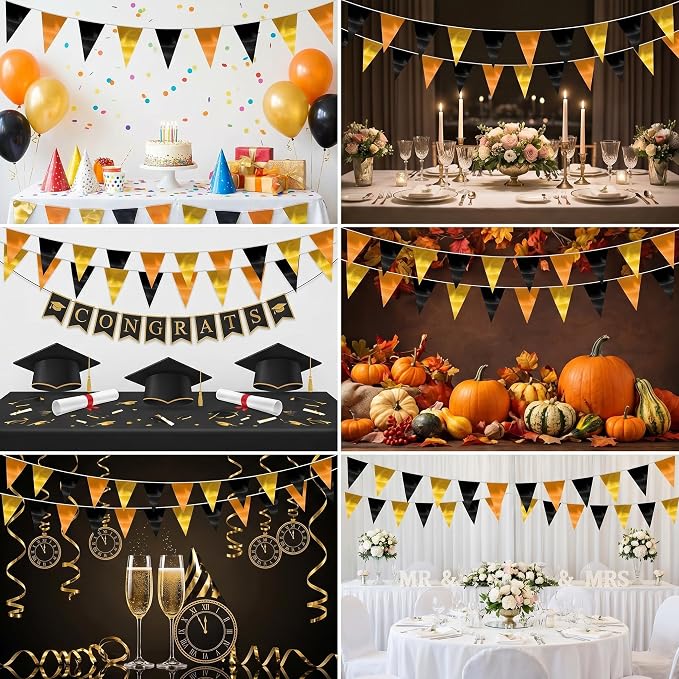 40M/130FT Black Gold Orange Triangle Pennant Banner Flag Metallic Fabric Bunting Garland for Christmas Wall Hanging,Graduation Decorations, New Years Decorations,Father' Da