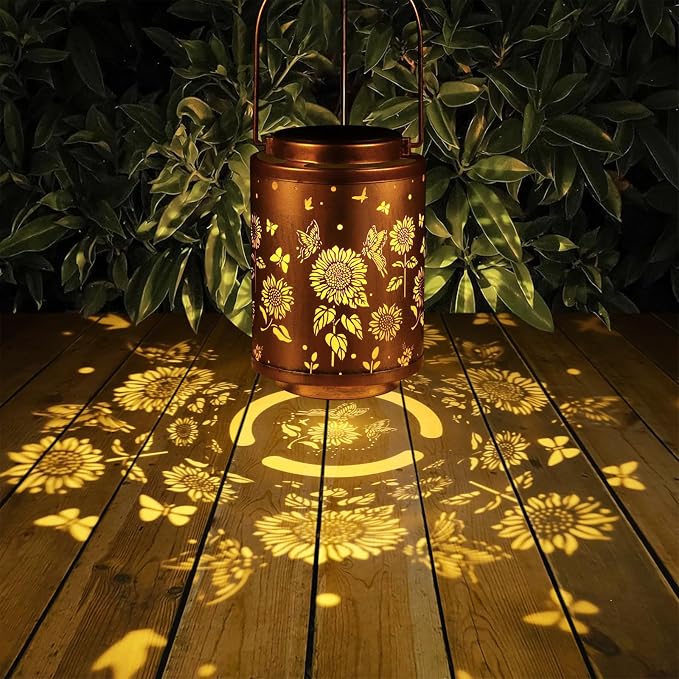 2 Pack Solar Outdoor Lanterns,Butterflies Garden Decor LED Light Hanging Waterproof Solar Metal Lanterm Gifts for Women Mon Grandma Sunflower Solar Lights Outdoor Decoration