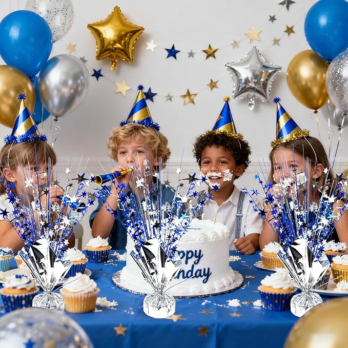 6 Pack Metallic Foil Spray Table Centerpiece Decoration Star Brust Glitter Table Topper Decor for Birthday Graduation Holiday Christmas New Year's Eve Celebration Party Supplies Blue Silver