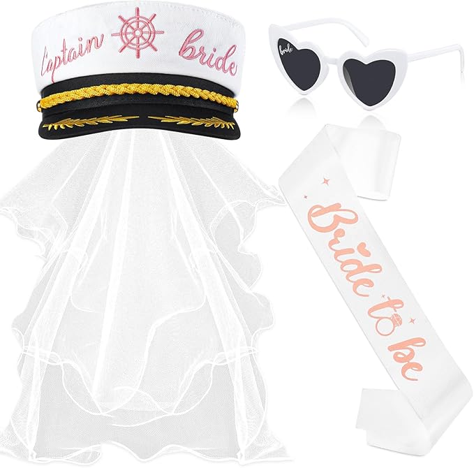 JaGely Bride Captain Hat with Veil, Bachelorette Sash & Sunglasses for Bridal Shower Bachelorette Party Decor Accessories(Bride to Be)