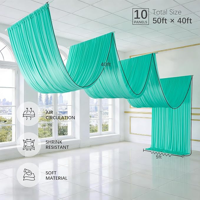 50ftx40ft Mint Green Ceiling Curtain for Wedding Parties – 10 Panels Wrinkle-Free 40 FT Long Tent Draping Curtains for Wedding, Birthday & Theme Parties, 40ft Height with Rod Pocket