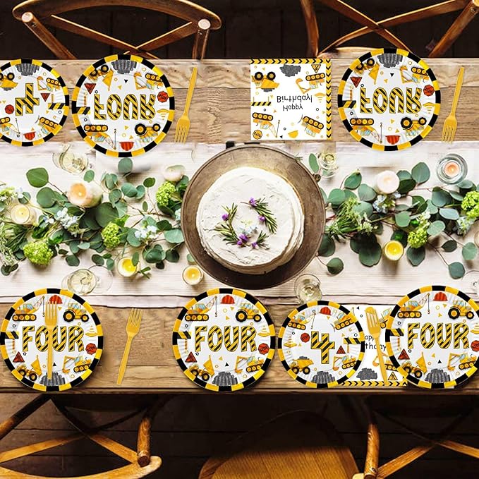 345 Pcs Construction 4th Birthday Party Supplies, Dump Truck Four Years Old Party Decorations Include Backdrop, Balloons Box, Hanging Swirls, Tablecloth, Plates, Cake Toppers, Balloons Garland Kit
