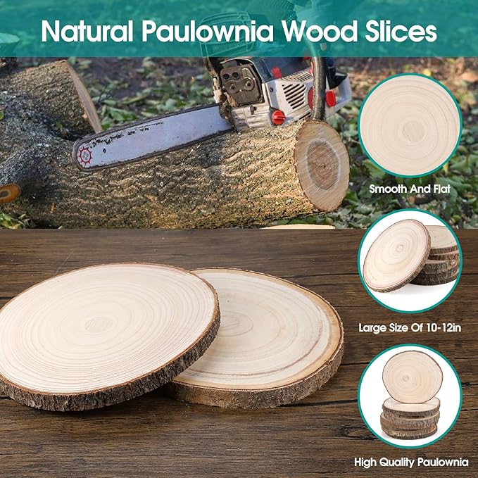 Adrattnay 8pcs Wood Slices for Centerpieces 10-12 Inches, Round Paulownia Wood Circles for Centrepiece, Rustic Wedding, Baby Shower, Party, Home Decoration and DIY Crafts