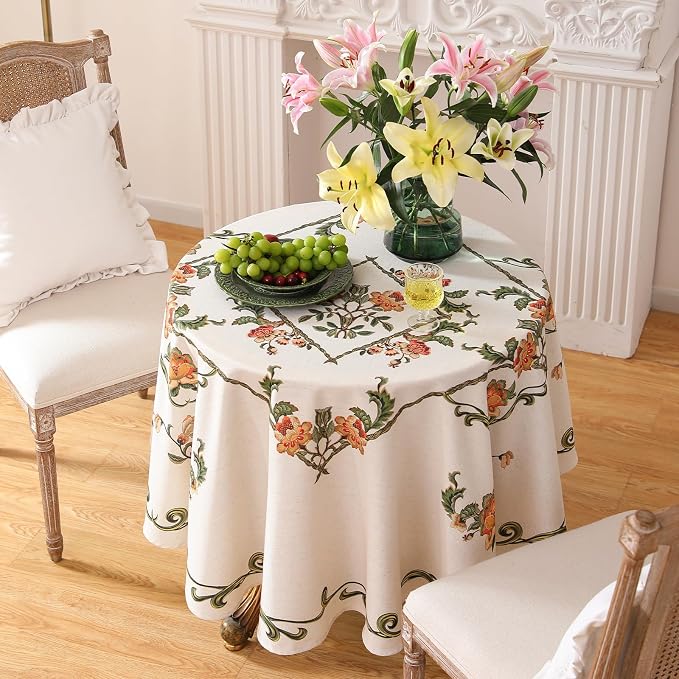 patdrea Vintage French Linen Tablecloth,Round,Diameter 55"-Santiago C | Beautiful Print Table Cloth for Round Table,Colorful Floral Patterned,for Dining Room Tea Party Thanksgiving